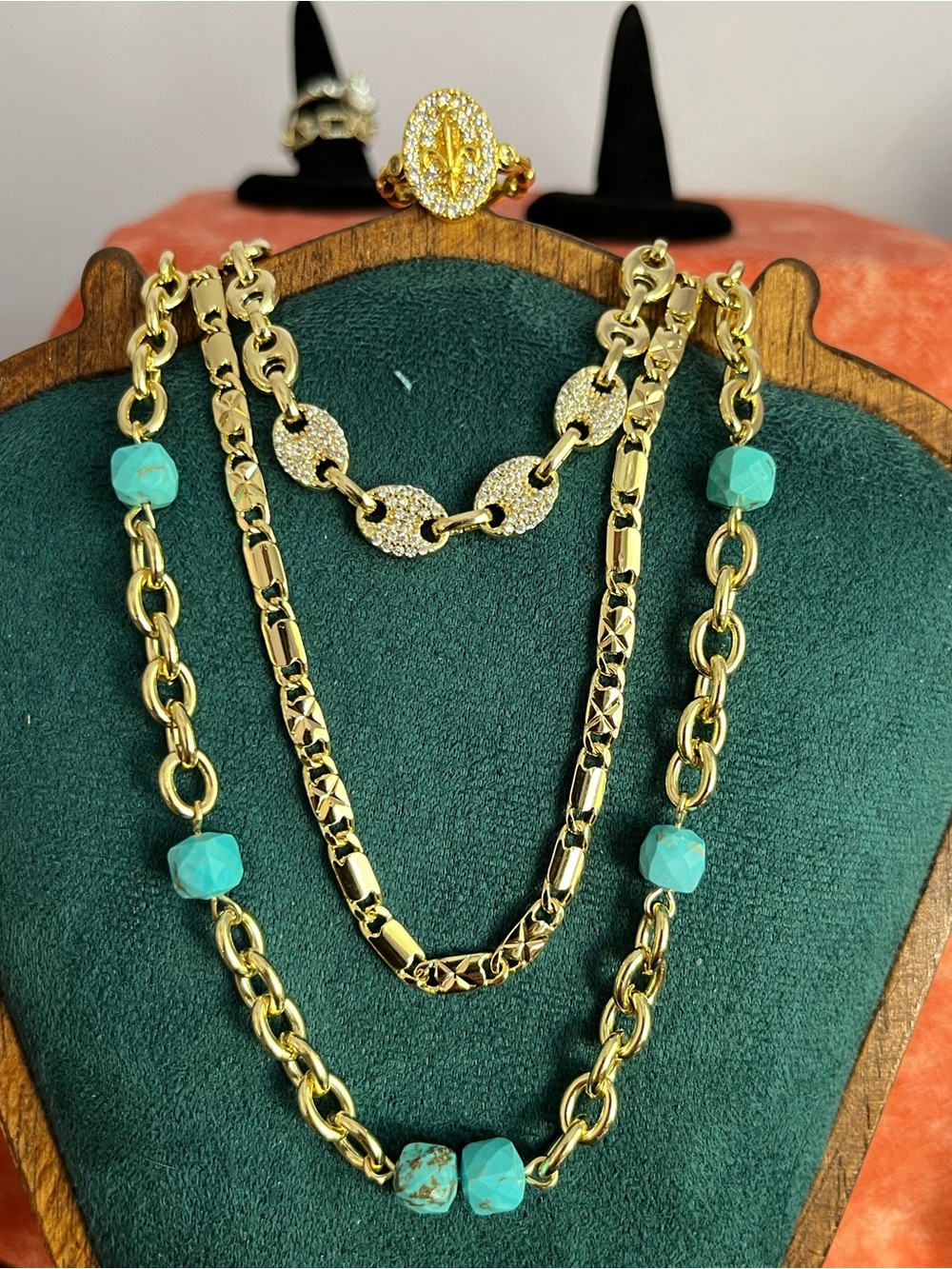 Gold Layered Necklaces w/ Turquoise Beads; Status-link bracelet & Ring (adj)